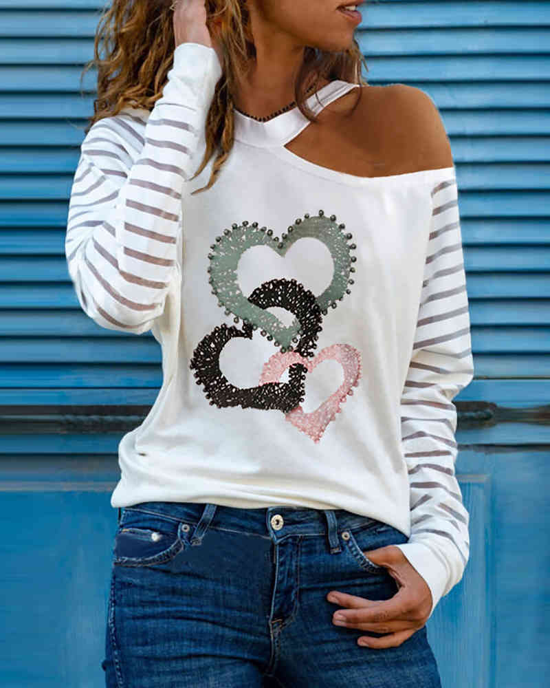 Valentine's Day Spring Fall Women's Heart Print Top Tee Femme Round Neck Long Sleeve Clothing Ladies Casual T-Shirt New 210415