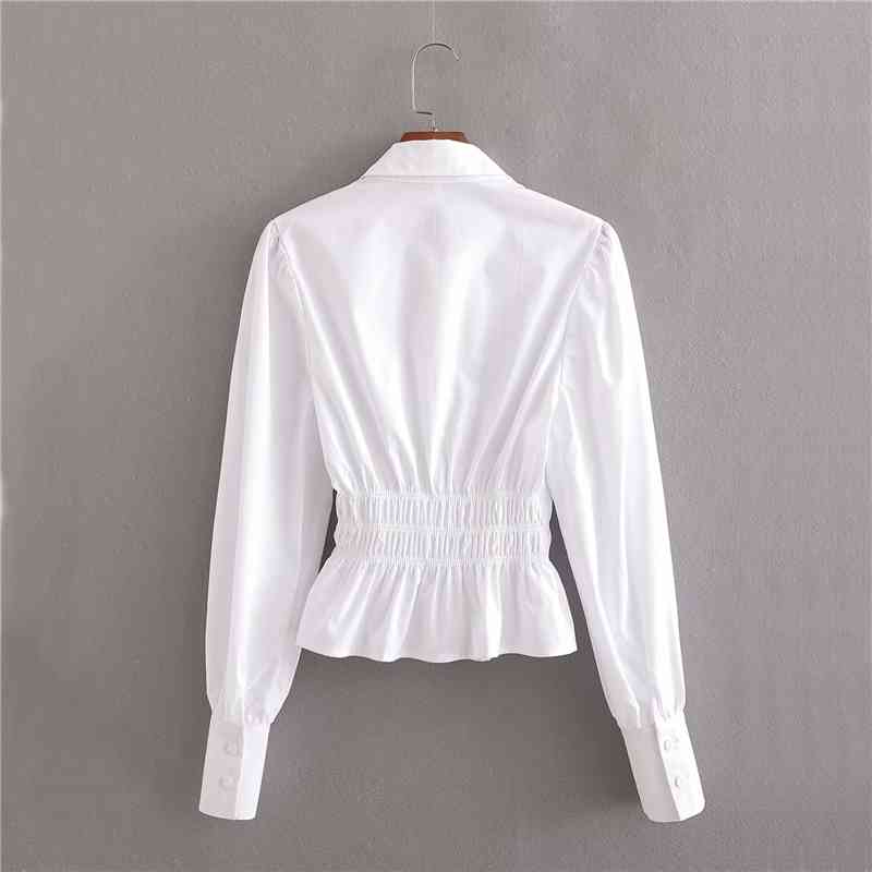 Elegant Women Turn Down Collar Shirts Fashion Ladies Solid White Tops Streetwear Female Chic Elastic Waist Blouses 210430