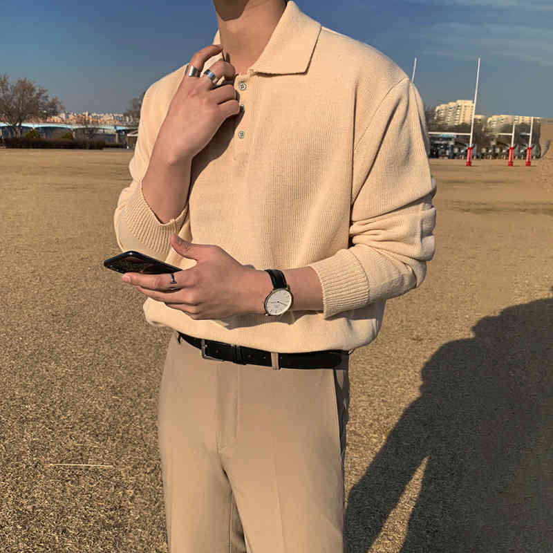 IEFB Spring And Autumn loose polo collar lightweight kintted sweater for men Korean style long sleeve basic kintwear for male 210524