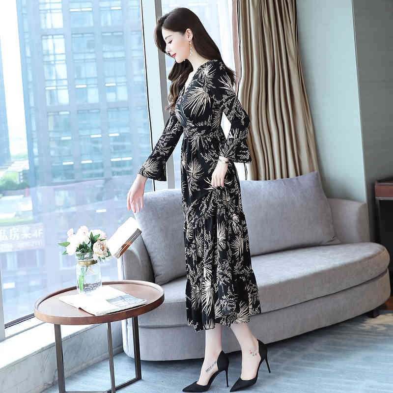 Black Print Chiffon Cover Belly Slimming Dress Female Fashion V-neck Long-sleeved Pullover Elastic Waist Comfortable 210514