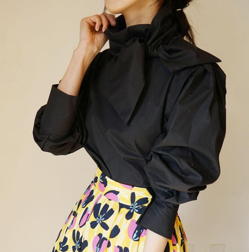 OL Elegant Bow Collar White Shirt Women Spring Autumn Formal Work Wear Solid Blouses Loose Puff Sleeve Female Tops 210421