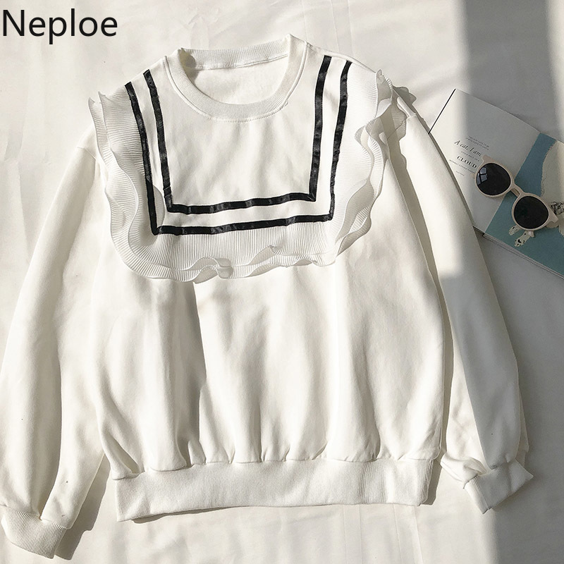 Neploe Sweet Ruffles Hoodies Women O-neck Long Sleeve Outwear Korean Fashion Loose Thicked Sweatshirt Coat Female 4G585 210422