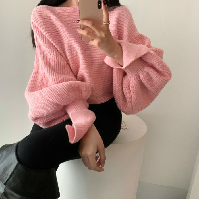 Nomikuma Slash Neck Short High Waist Pullover Sweater Korean Split Batwing Long Sleeve Knitwear Autumn Winter Pull Femme 6C856 210427