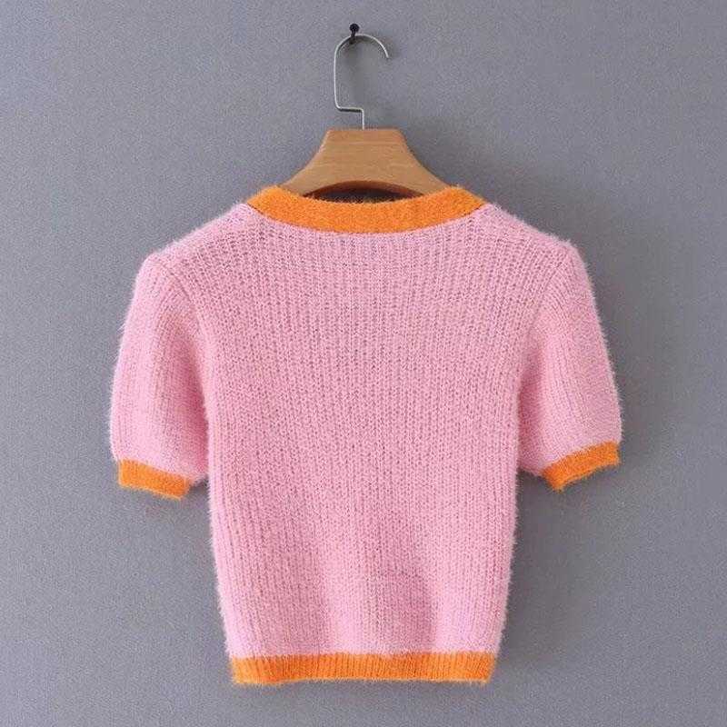 Pink cardigan womens sweaters korean crop yellow autumn tops short sleeve v neck mohair fall 210830