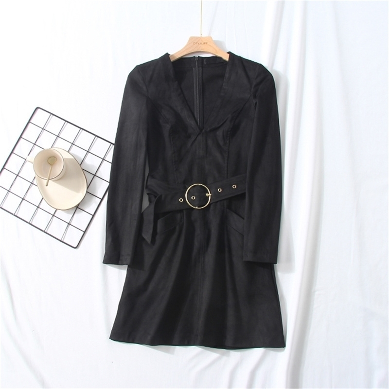 Black Faux Leather Dress for Women Buckskin Sexy Short Sleeve Bodycon Party PU Vintage Sashes V-Neck female 210428