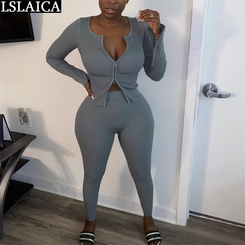 2 Piece Set Women Autumn Casual Outfits Long Sleeve Zipper Tops Woman Pants Sets Tracksuit Sportswear Sexy Skinny Sweat Suits 210515