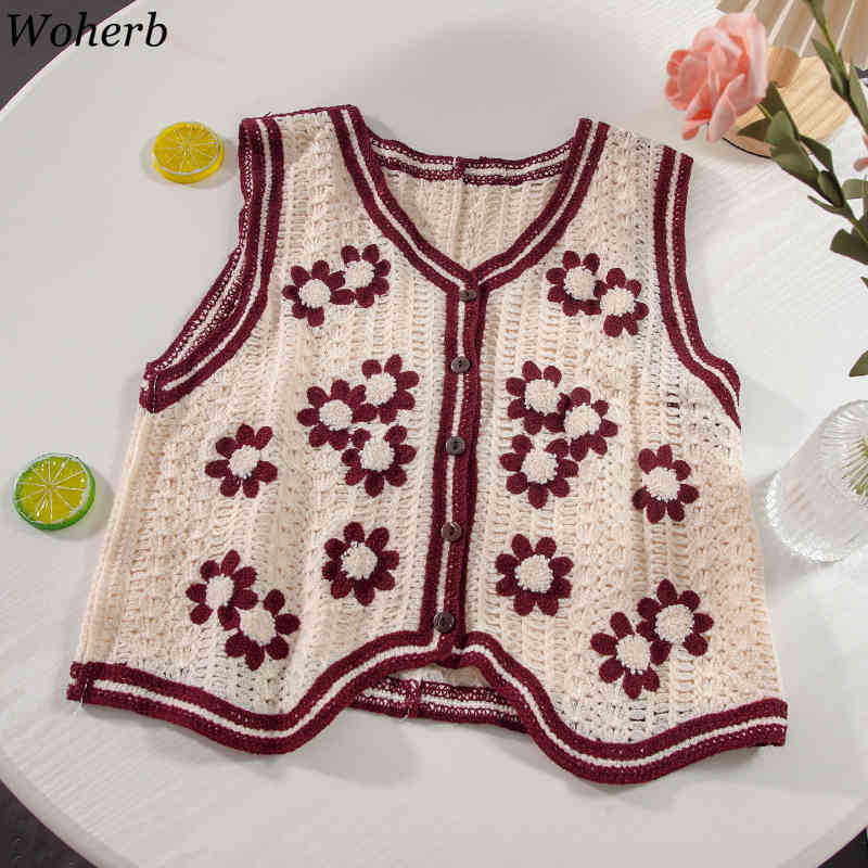 Sweater Vest Women Loose Single Breasted Cardigan Top Elegant All Match V Neck Embroidered Hollow Out Vintage Coat 4i353 210519
