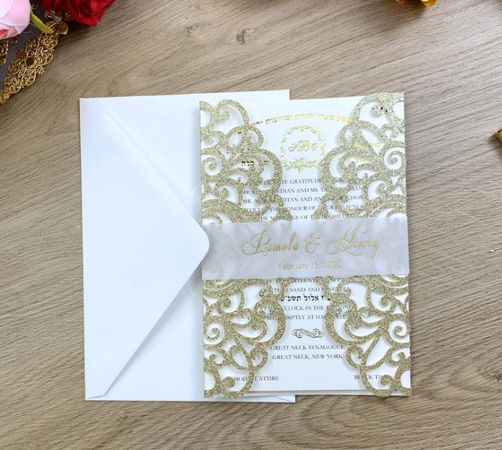 2021 Laser Cut Invite for Wedding, Glitter Rose Gold Wedding Invitations with Belly Band Free Printing