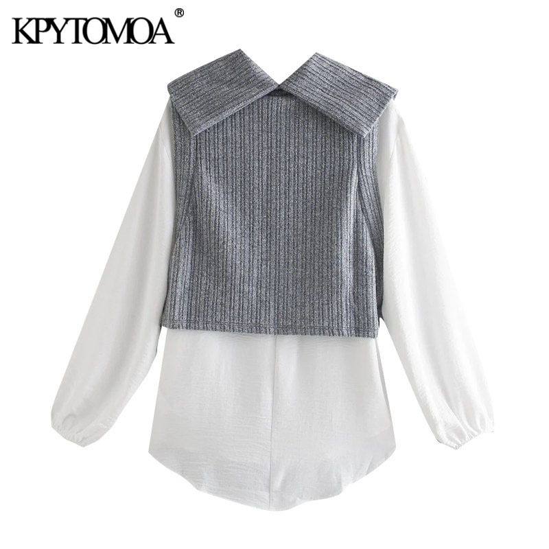 KPYTOMOA Women Fashion With Bow Tied Patchwork Loose Blouses Vintage Long Sleeve Elastic Trim Female Shirts Chic Tops 210401