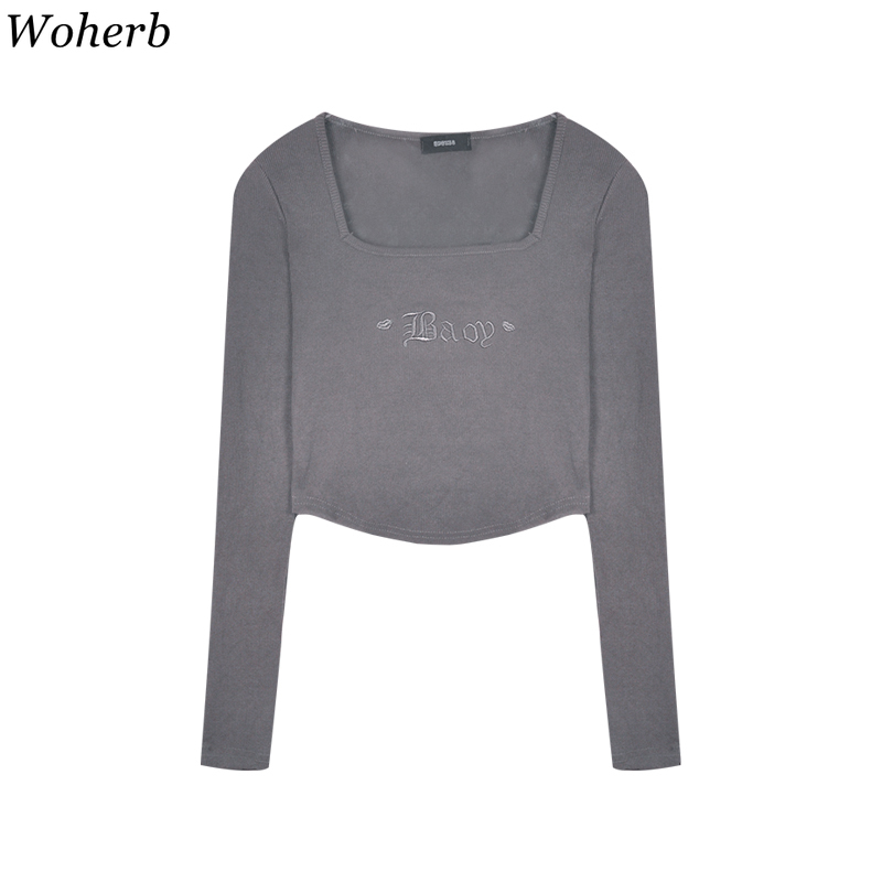 Knitted T-shirt Women Summer Square Neck Short Pullover Shirt Letter Embroidery Tees Casual Long Sleeve Basic Crop Tops 210519