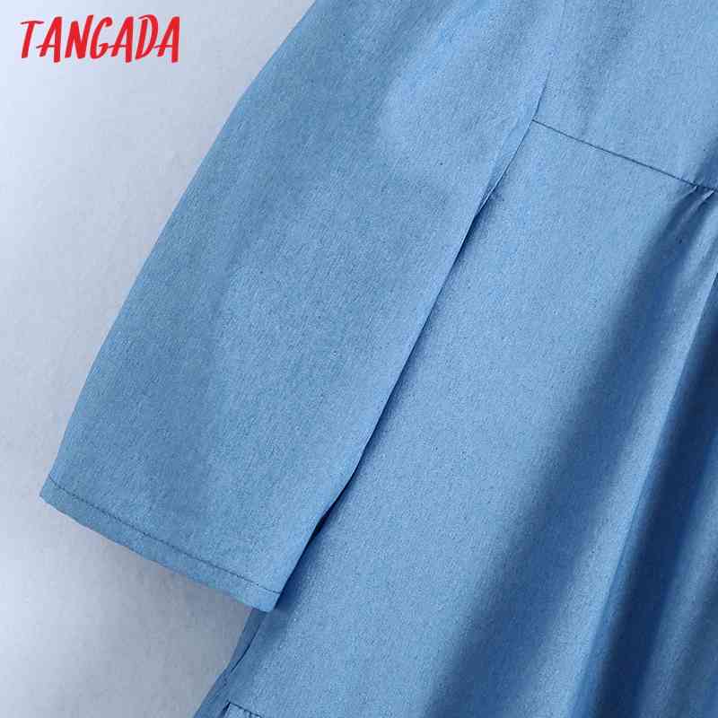 Women Blue Thin Denim Pleated O Neck Short Sleeve Ladies Vintage Mini Dress Vestidos BE436 210416
