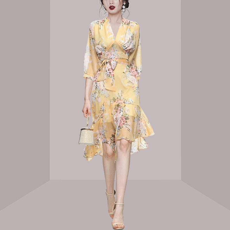Runway Summer Two Piece Set Elegant Women Yellow Floral-Print Lace-Up Chiffon Top + High Waist Irregular Skirts Outfits 210519