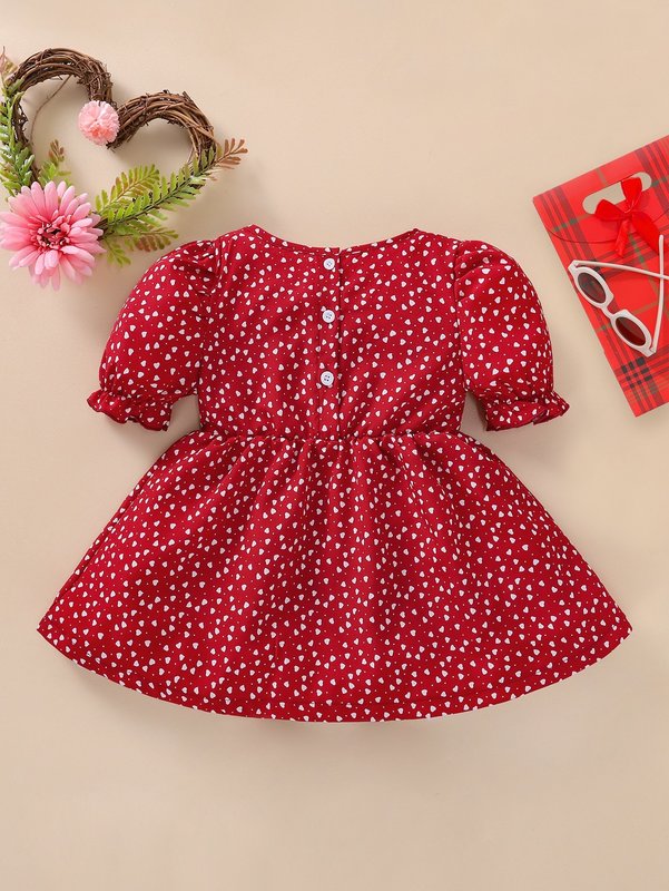 Baby Confetti Heart Print Puff Sleeve Button Back Dress SHE