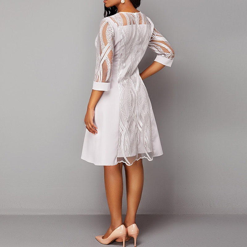 MISSJOY Women's Elegant 3/4 Sleeve Mesh Embroidered Round Neck Bridesmaid Waist A-Line Vintage Party Knee Length Swing Dresses 210409