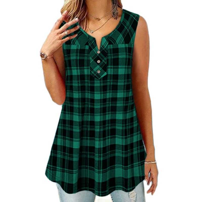 Fashion Plaid Print T-shirts Plus Size Women Casual Summer Sexy V Neck Button Sleeveless Loose Tees Vintage Female Pullover Tops 210526