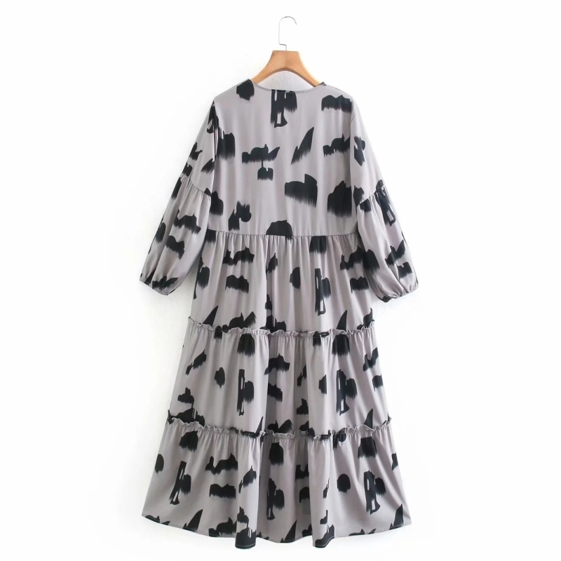 Women Ink Wash Printing Ruffle Tiered Dress Female Three Quarter Sleeve Loose Clothes Casual Lady Vestido D6707 210430Z