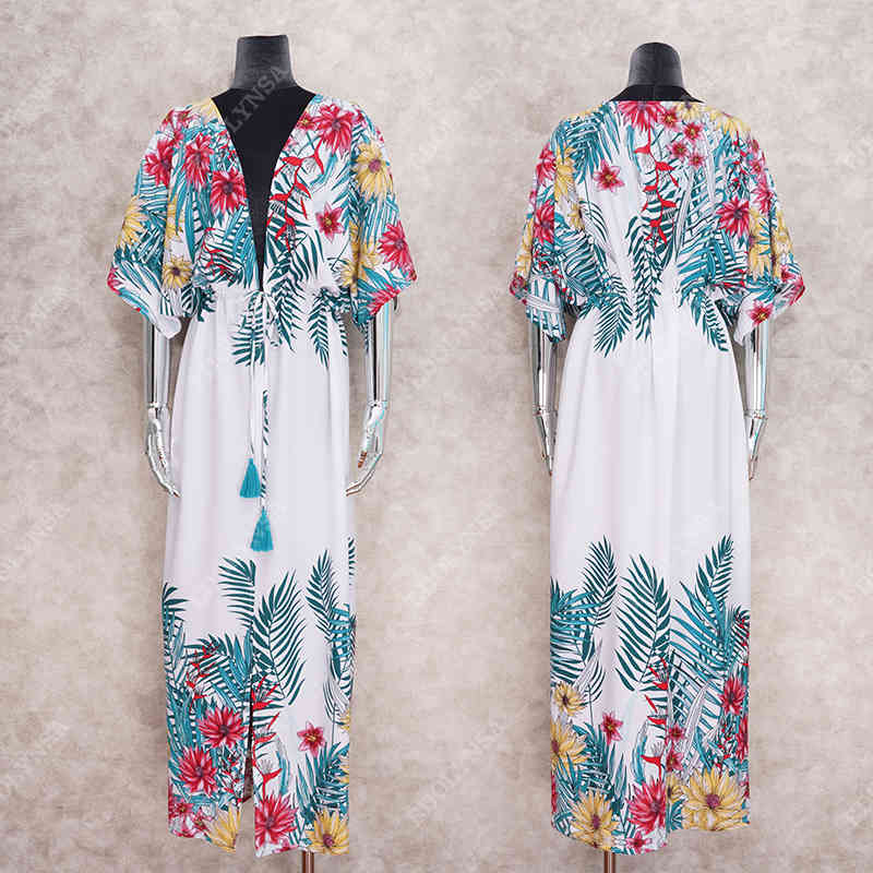 Floral Print Beach Cover up Tunics for Long Kaftan Bikini Robe de Plage Sarong Swimsuit cover #Q1053 210420