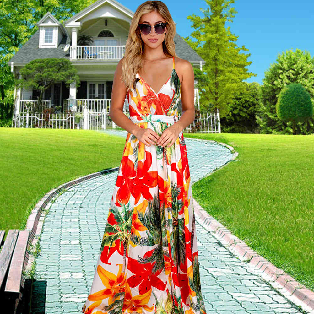 Women Floral Print Maxi Dress Summer Sexy V Neck Sling Backless Tunic Long es Female Elegant Bohemian Party Vestidos 210522