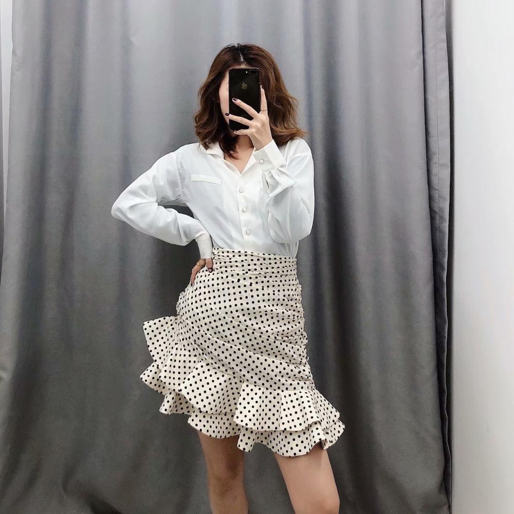 new women vanilla polka dot High-waisted mini skirt Ruching detail Ruffled hem Back hidden in-seam zip closure skirt 210408
