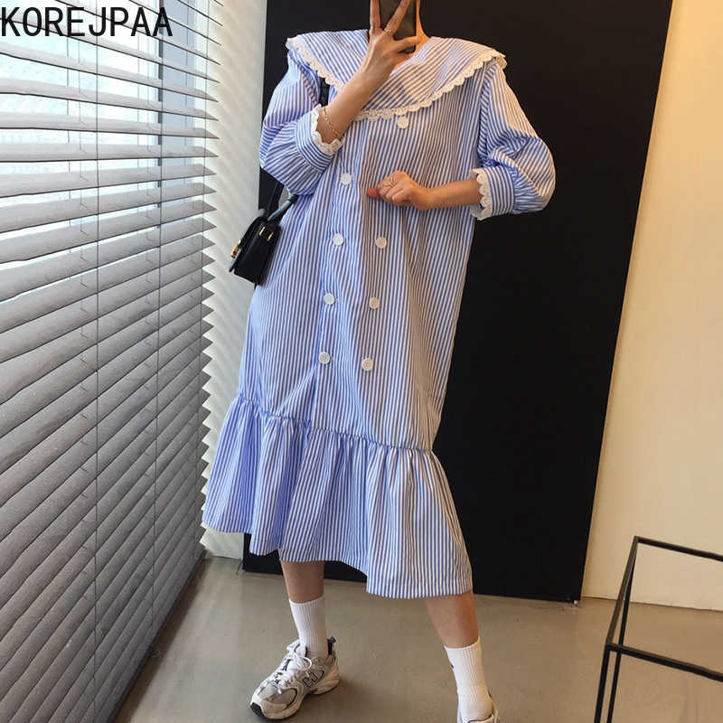 Korejpaa Women Dress Summer Korean Chic Retro Temperament Lapel Lace Stitching Double-Breasted Ruffled Striped Vestidos 210526, Blue
Korejpaa Women Dress Summer Korean Chic Retro Temperament Lapel Lace Stitching Double-Breasted Ruffled Striped Vestidos 210526, Blue