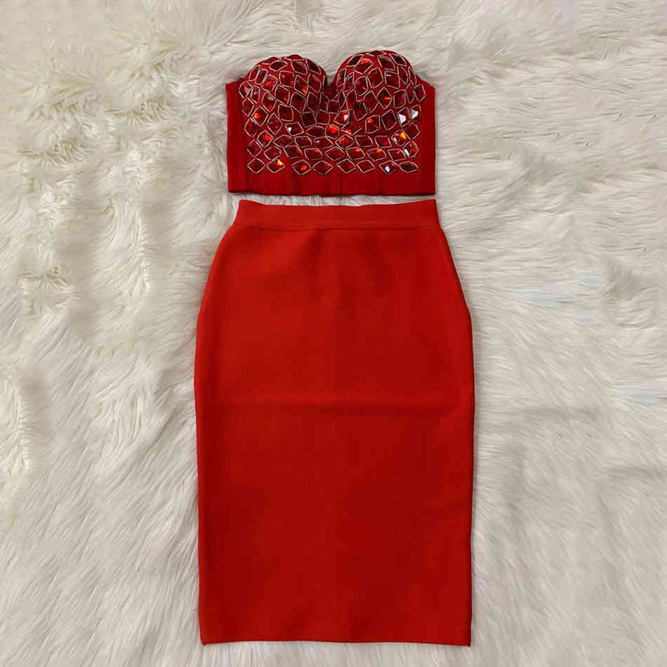 Free Spring Sexy Bandage Dress Set Beaded Sleeveless Top & Midi Skirt 2 Two-piece Bodycon Women 210524