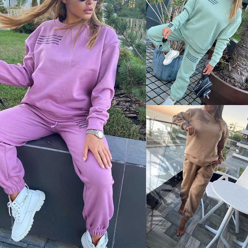 Women's Set Sweatshirt Tracksuits Letter Print Two Pieces Set Casual Pants Suit Autumn Long Sleeve Pullover Female Tracksuit 210709
