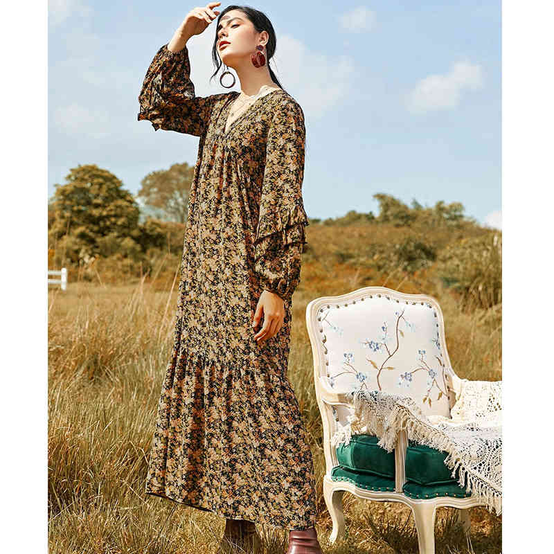 Foridol Floral Print Boho Long Maxi Dress Women V Neck Ruffle Vintage Casual Basic Winter Dresses Loose Dress 210415