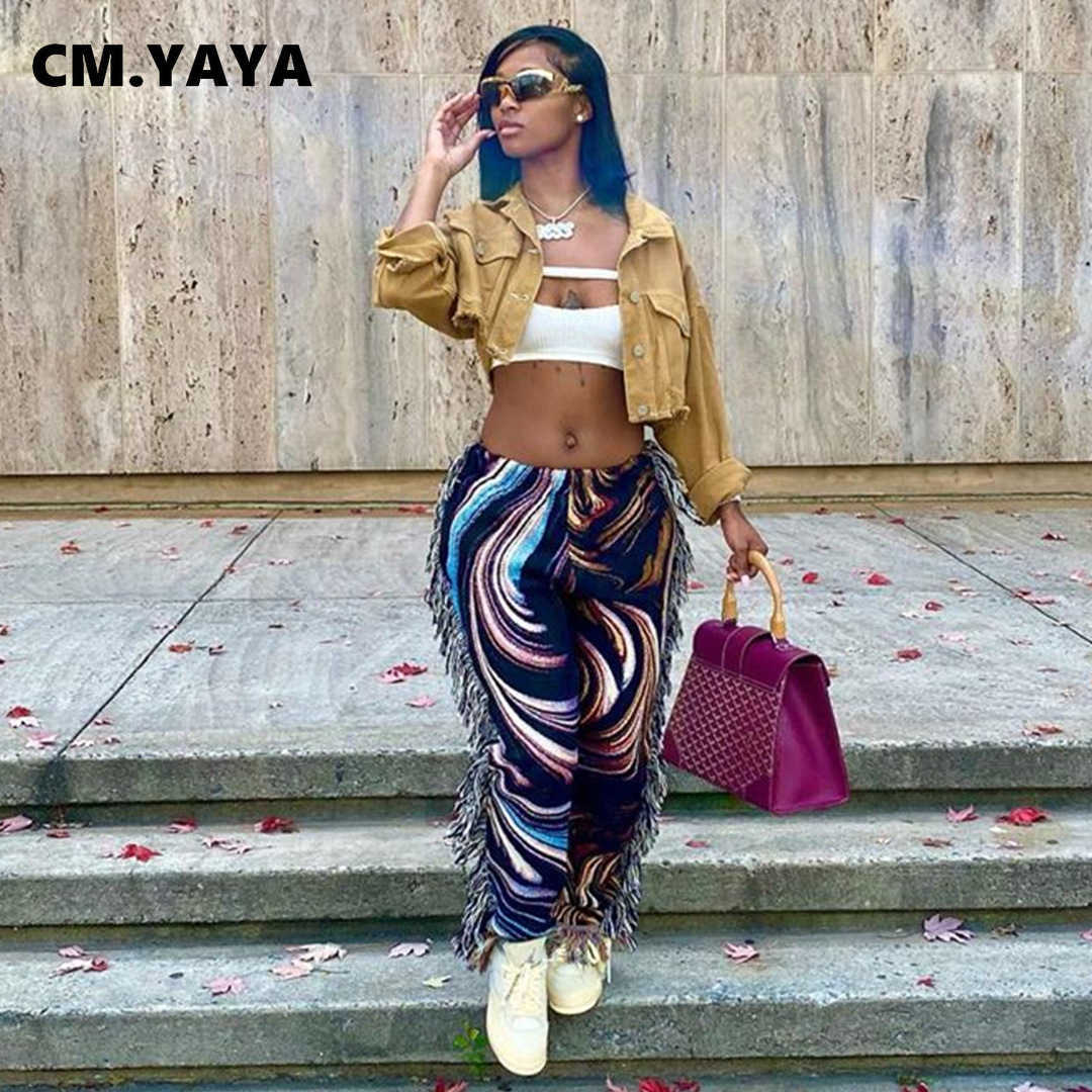 CM.YAYA Autumn Spring Women Pants High Waist Activewear Pencil Trousers Sporty Print Tassel Jogger Sweatpants 210830