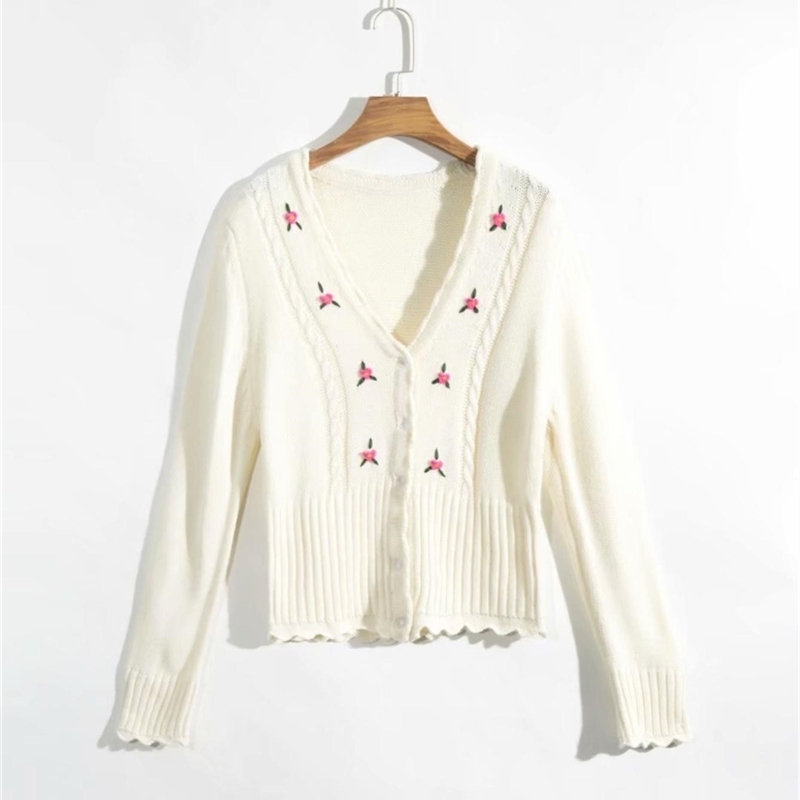 Fashion Vintage Floral Embroidered Autumn Kintted Cardigan Sweater Women France White Emile Carfigans Fall Female Sweaters 210508