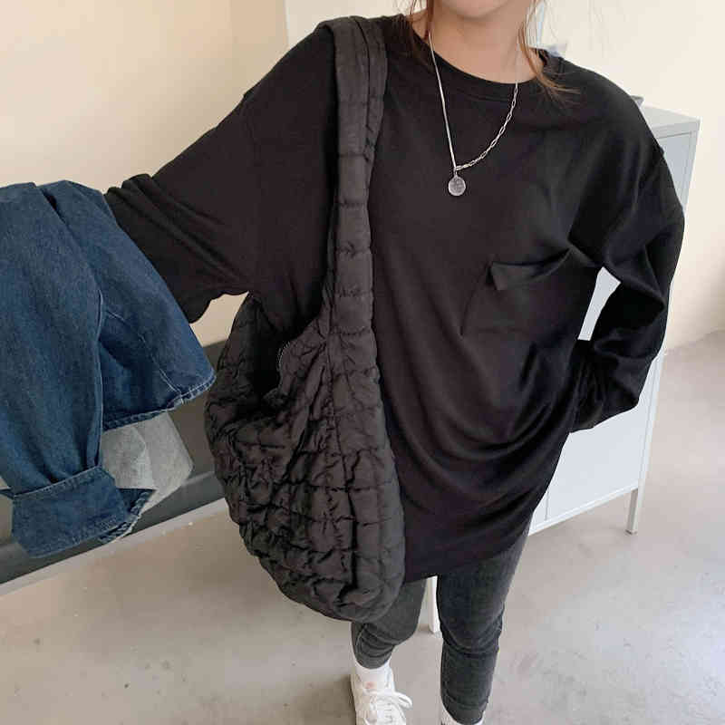 Thicken Warm Korean Loose All Match Tops Full Sleeves Women Streetwear Oversize Chic Minimalist Fashion T-shirt 210421