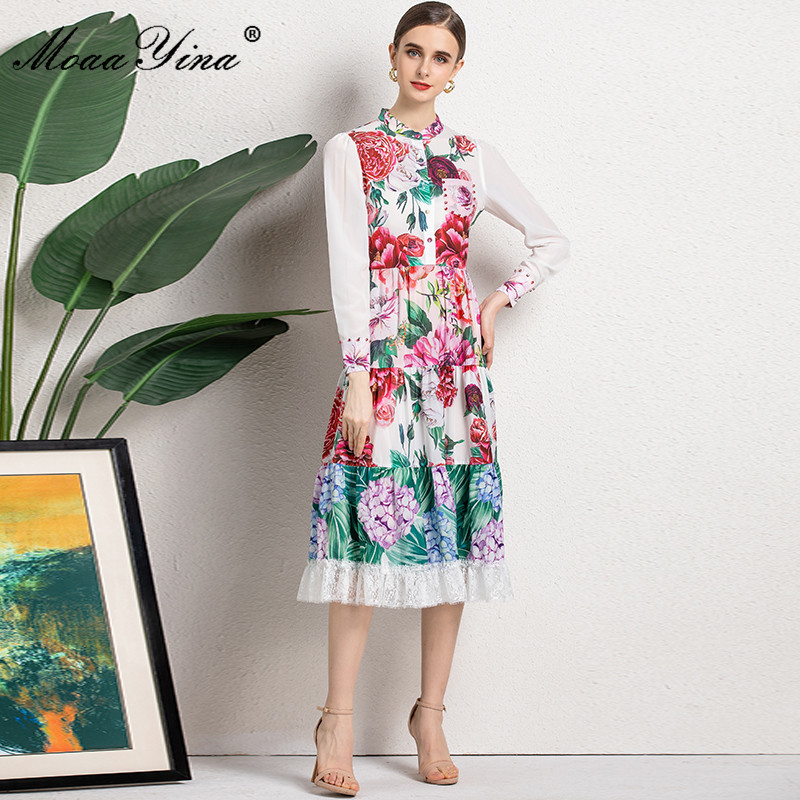 Fashion Runway Summer Dress Women Long sleeve Single-breasted Flower Print Lace Splicing Elegant Party Midi 210524