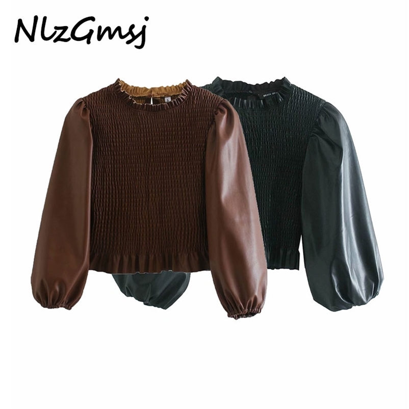 Blouse Women Lantern Sleeve Elastic Ruched PU Leather Crop Shirt French Wood ears Ruffles O Neck 210628, As picture
Blouse Women Lantern Sleeve Elastic Ruched PU Leather Crop Shirt French Wood ears Ruffles O Neck 210628, As picture