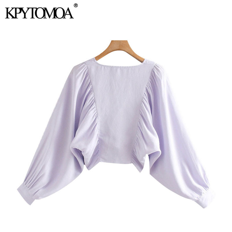 Women Fashion Pleated Linen Cropped Blouses Lantern Sleeve Side Zipper Female Shirts Chic Tops 210420