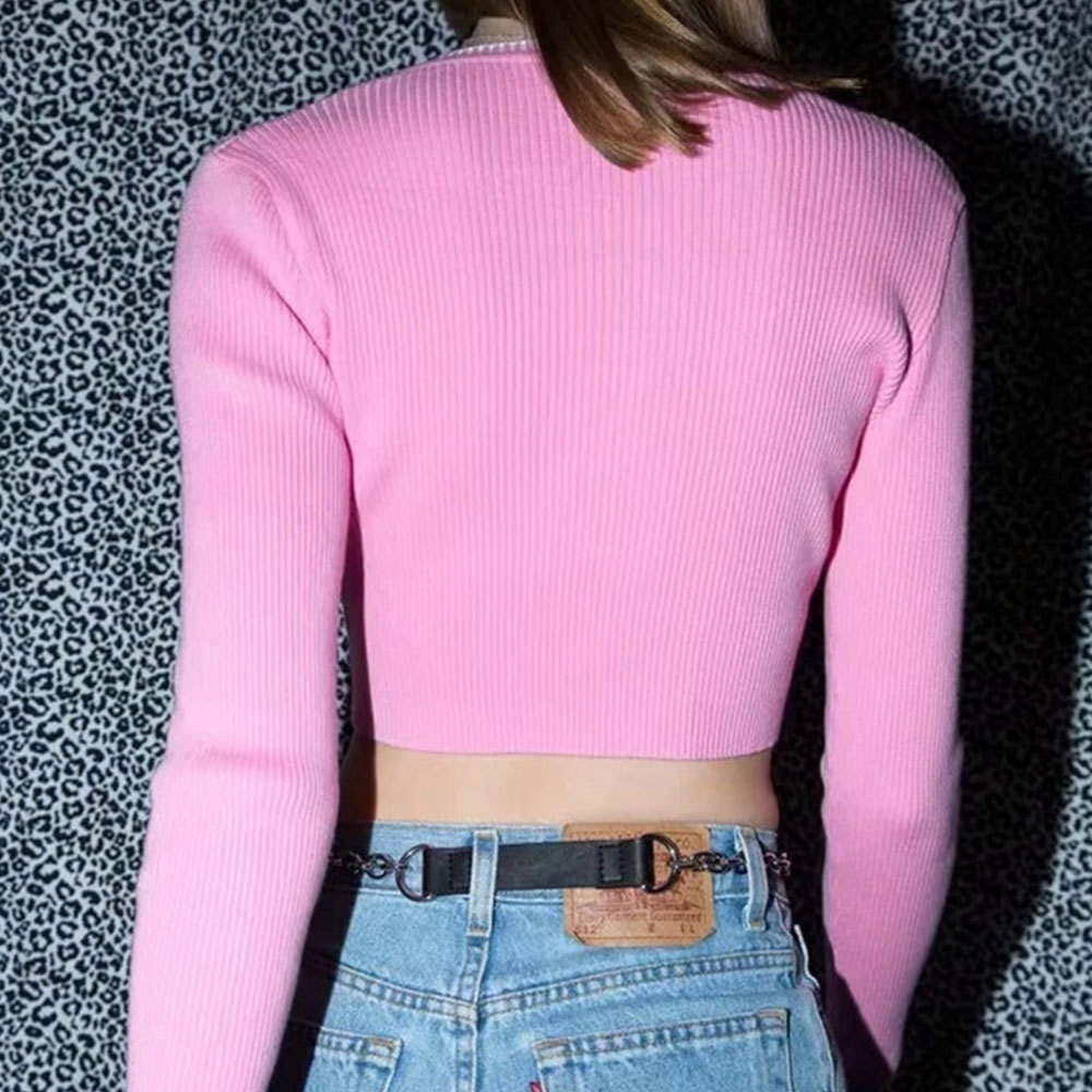 Women Sexy V Neck Crop Sweaters Autumn Casual Hit Color Long Sleeve Knitted Pullover Elegant Jumpers 210428