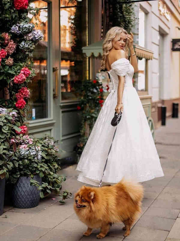 Elegant Ankle- Length Short Wedding Dresses Boho White Ivory Tulle Satin Beach Robe De Mariee Princess Tiered Bridal Gowns