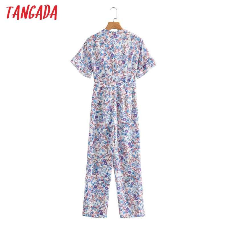 Women Colorful Floral Print Chiffon Short Sleeve With Slash Female Casual Jumpsuit 1F164 210416