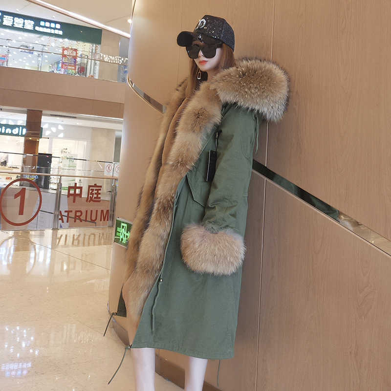 Winter , female long coat, warm long black waterproof park with movable natural fur 211019