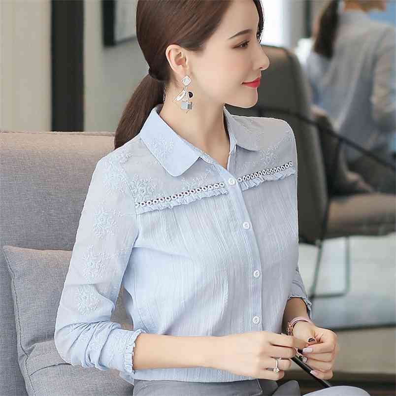 100% Cotton White Blouse Spring Autumn Office Lady long sleeve Turn-down Collar Women Shirts Embroidery Ladies Tops Bluse D197 210512