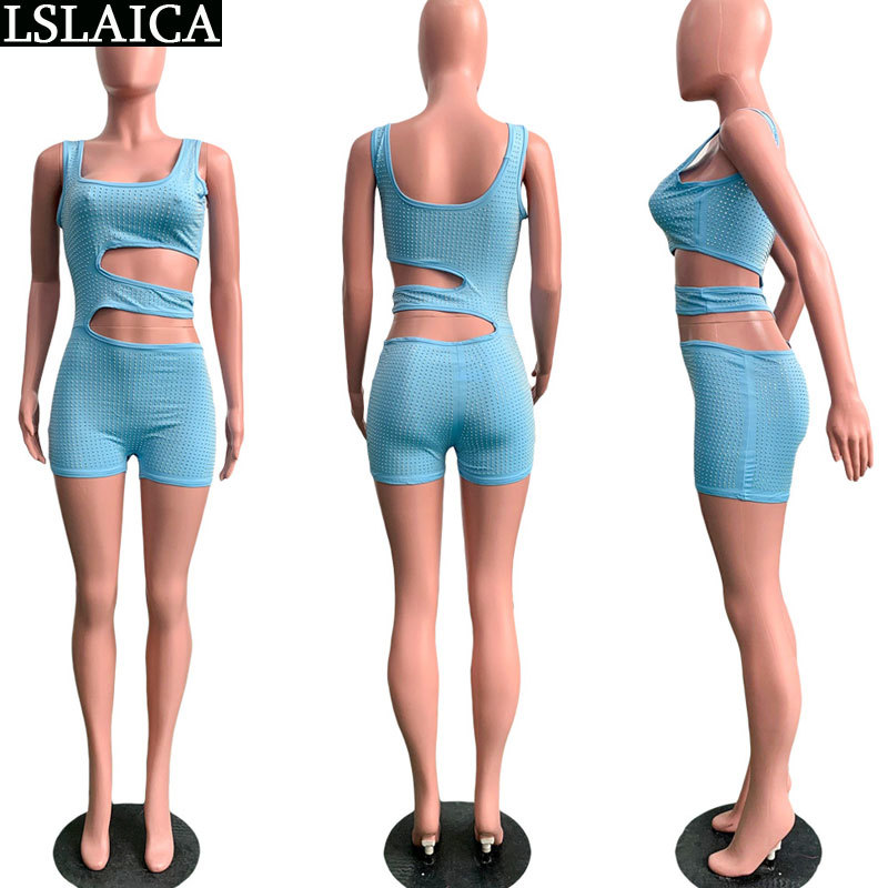 Casual women bodysuit sleeveless hollow out Tank solid color jumpsuits for Rhinestone sexy elegant bodycon jumpsuit female 210520