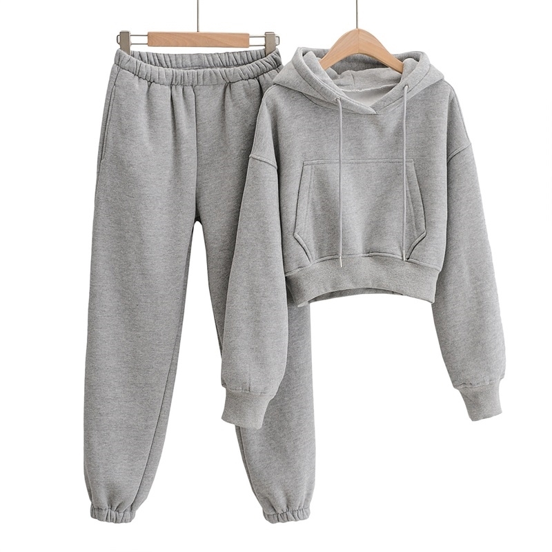 Women Drop Shoulder Kangaroo Pocket Fleece Hoodie & Sweatpants Set For Winter 210512