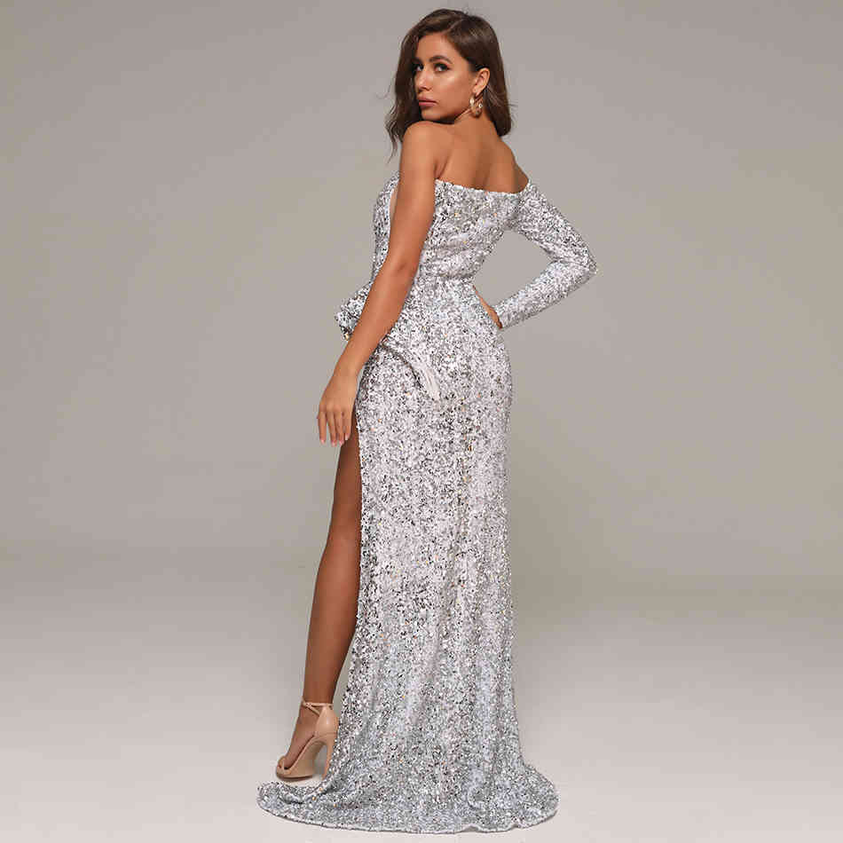 Summer Women Silver Sequins One Shoulder Long Sleeve Dress Sexy Floor Length Club Evening Runway Party Maxi 210423