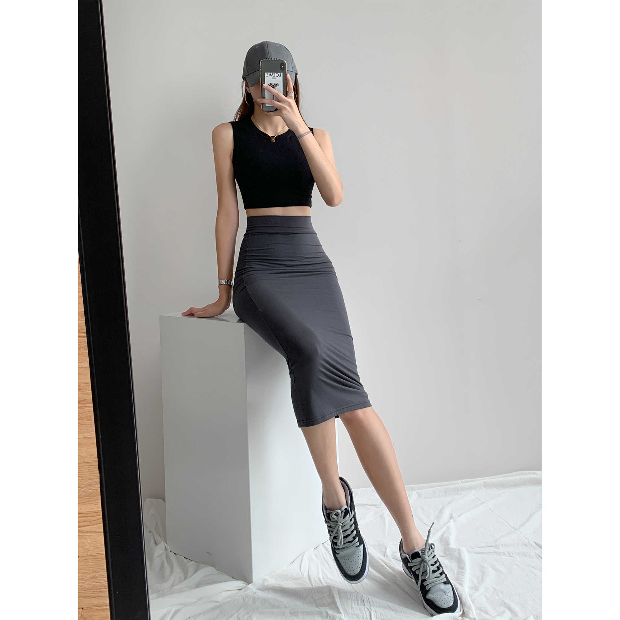 WOMENGAGA European And American Autumn High Waist Mid-length Tight-fitting Hip Slim Slimming Elasticity Skirt Women 2VC 210603