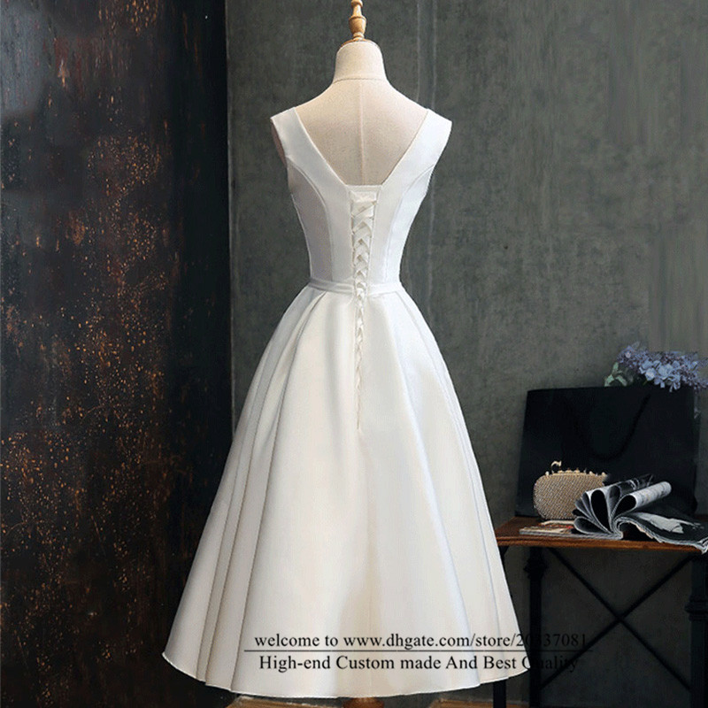 Sweety Sexy White Deep V-Neck A-Line Formal Evening Dresses 2021 Bow Satin Lace Up Prom Party Gowns E43