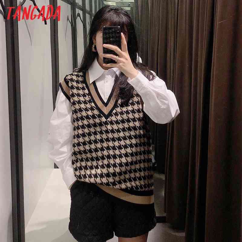 Women Fashion Jacquard Check Knitted Vest Sweater Vintage V Neck Sleeveless Female Waistcoat Chic Tops BE454 210416