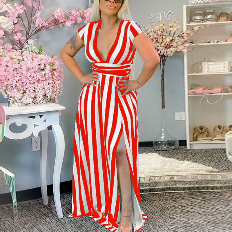 Women Short Sleeve Stripe Printed Plunge V-neck Slit Maxi Dress 210702