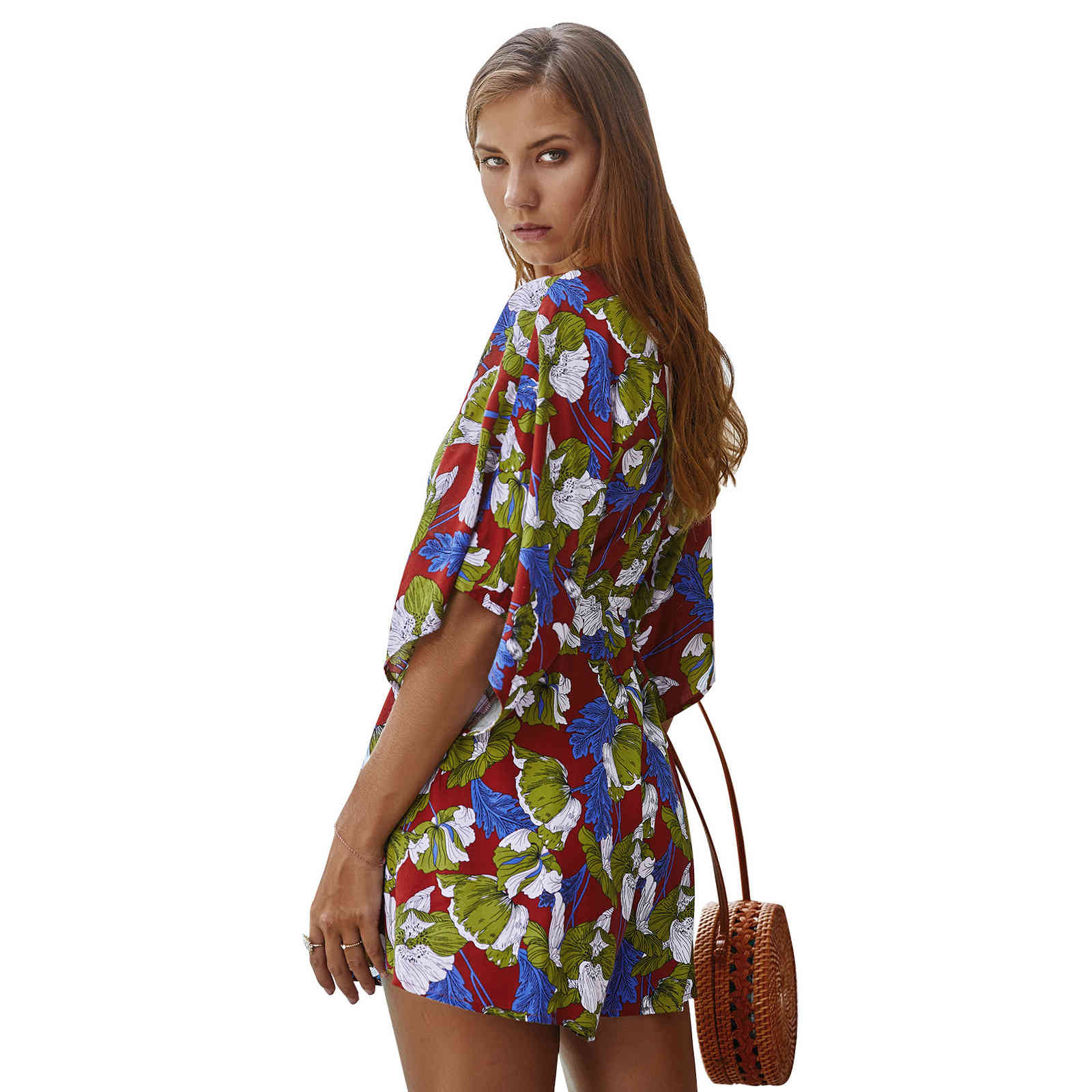 women summer Rompers&Playsuits Florals Print Short Sleeves Straight High Waist Loose Women's playSuit bohe beach wearing 210524