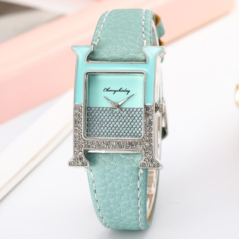 Wristwatches 2021 Women Watch Square Letter H Design Ladies Leather Quartz Luxurious Silver Rhinestone Female Casual Watches, Red