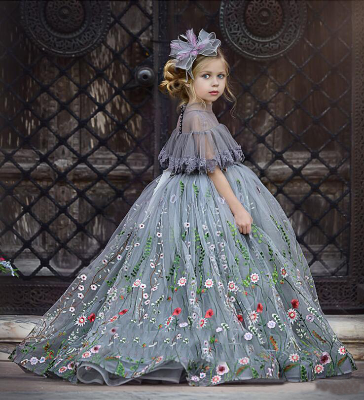 Cute Tulle Ball Gown Flower Girl Dresses Lace Applique High Neck Rhinestones Kids Pageant Dress Floor Length Girl's Birthday Party 0509