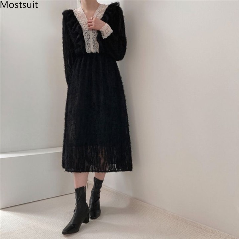 Spring Autumn Women Long Dress Vintage Elegant Korean Full Sleeve V-neck Tassel Lace Patchwork Party Dresses Vestido Mujer 210518, Black
Spring Autumn Women Long Dress Vintage Elegant Korean Full Sleeve V-neck Tassel Lace Patchwork Party Dresses Vestido Mujer 210518, Black