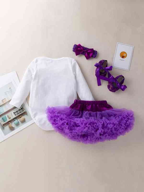 Baby Bow Front Bodysuit & Contrast Mesh Frilled Skirt With Headband And Shoes SHE
